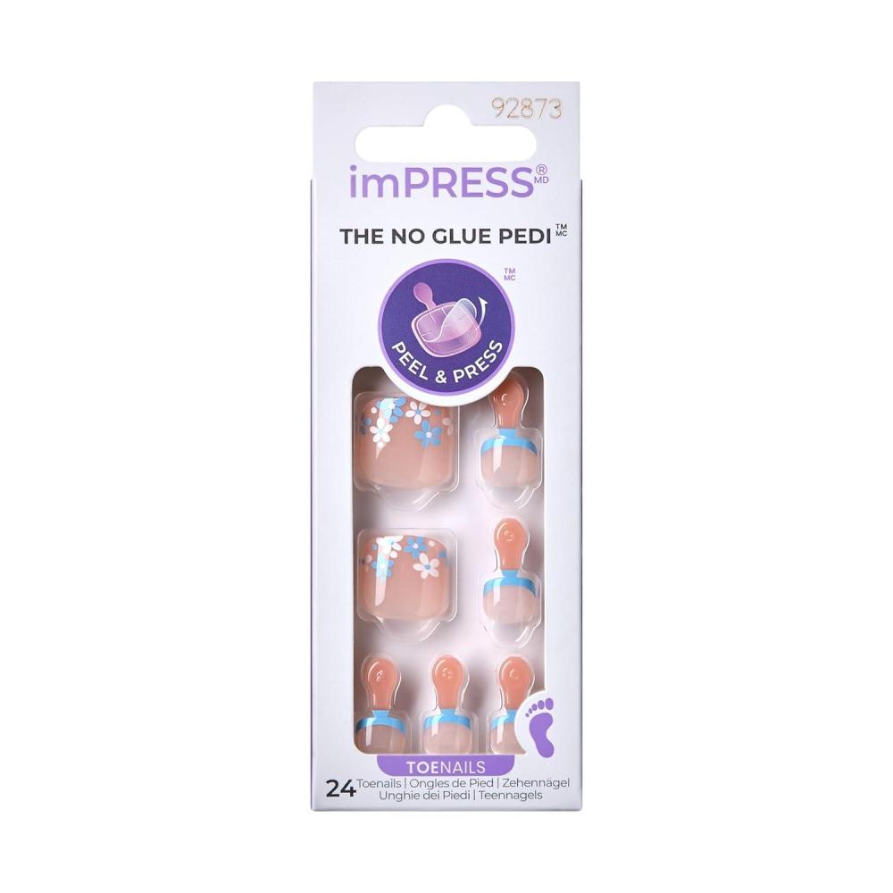 imageKISS imPRESS No Glue Pedi PressOn Nails Design Paradise Ticket Light Beige Short Size Squoval Shape Includes 24 Nails Prep Pad Instructions Sheet 1 Manicure Stick 1 Mini File
