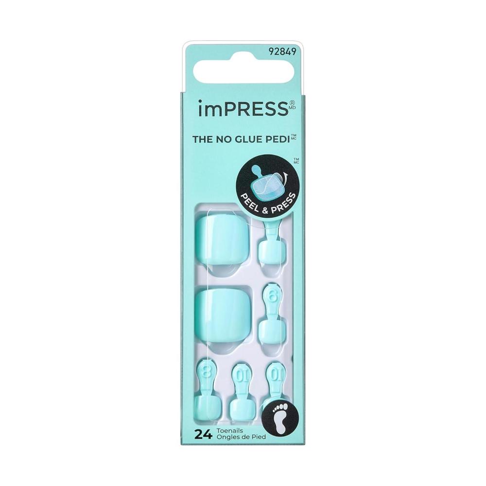 imageKISS imPRESS No Glue Pedi PressOn Nails Toenails Fruitful Light Blue Short Size Squoval Shape Includes 24 Nails Prep Pad Instructions Sheet 1 Manicure Stick 1 Mini File
