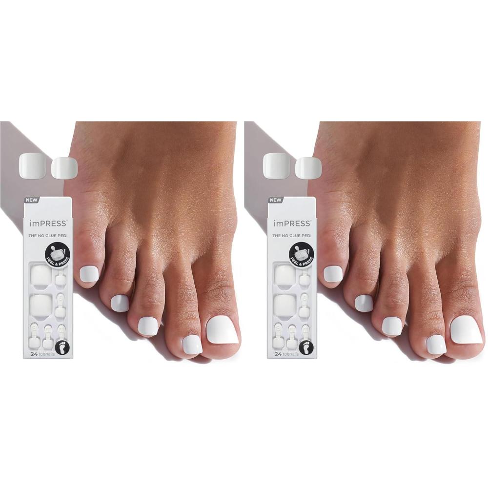 imageKISS imPRESS Pedicure Press On Toenails Angel Vibes White Short Squoval Pedicure Nail Kit Includes 24 Press On Toenails Prep Pad Mini Nail File ampamp Pedicure StickShort Pack of 2
