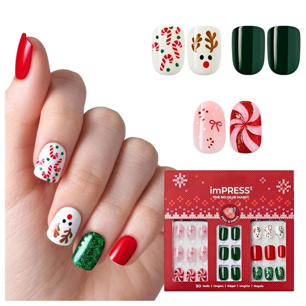 imageKISS imPRESS Press On Nails Limited Edition Holiday Gift Set 12 3Pack Improved Super Hold Adhesive 90 Fake Nails 3 Prep Pads 3 Mini Nail Files ampamp 3 Manicure SticksHoliday Cheer Gift Set