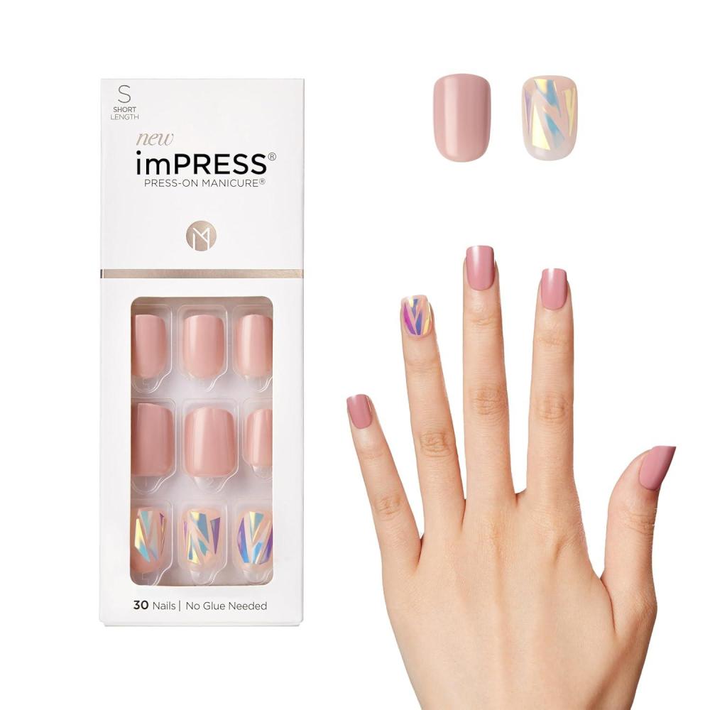 imageKISS imPRESS PressOn Manicure Nail Kit PureFit Technology Short PressOn Nails Square Flawless Includes Prep Pad Mini Nail File Cuticle Stick and 30 Fake Nails Purple and SilverMiracle