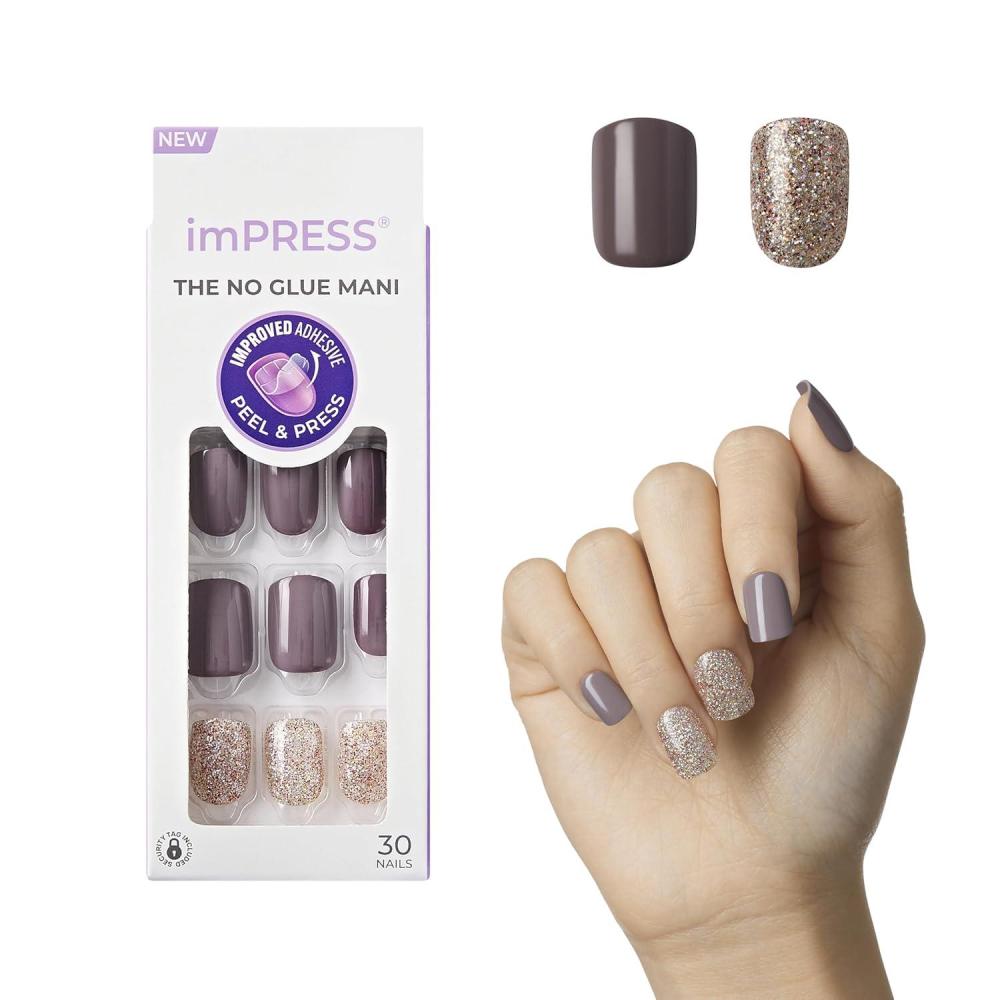 imageKISS imPRESS PressOn Manicure Nail Kit PureFit Technology Short PressOn Nails Square Flawless Includes Prep Pad Mini Nail File Cuticle Stick and 30 Fake Nails Purple and SilverFlawless