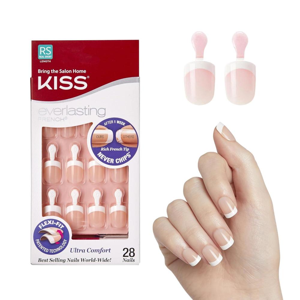 imageKiss Everlasting French Nail Manicure ChipFree FlexiFit Technology Real Short quotString of Pearlsquot Nail Kit with Pink Nail Glue Net Wt 2g  007oz Mini File Manicure Stick and 28 Fake Nails28 Piece Assortment