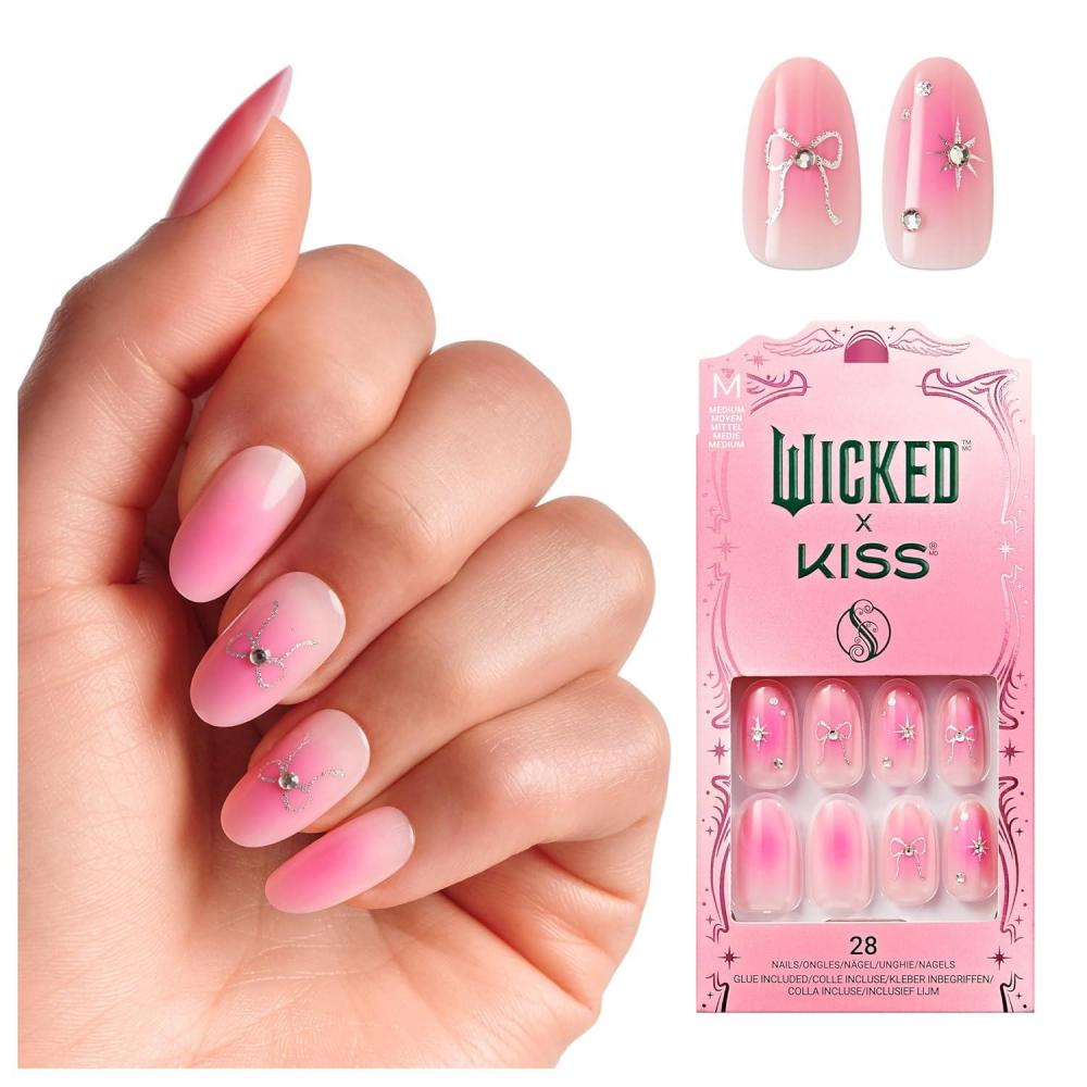 imageWICKED X KISS Press On Nails Almond Shiz Chemistry Club Blue Medium Waterproof Chip Proof Smudge Proof 28 Fake Nails Pink Gel Nail Glue 2g Mini Nail File ampamp Manicure StickYouve Been Glindafied