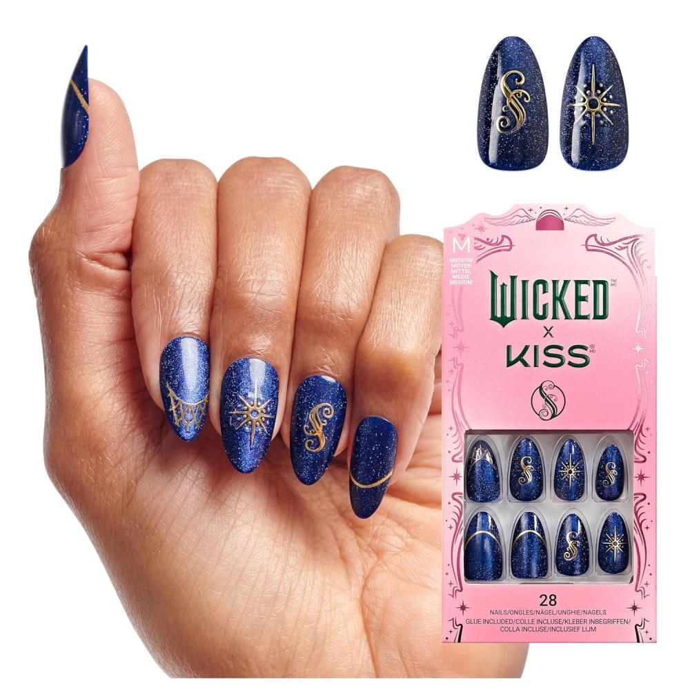 imageWICKED X KISS Press On Nails Almond Shiz Chemistry Club Blue Medium Waterproof Chip Proof Smudge Proof 28 Fake Nails Pink Gel Nail Glue 2g Mini Nail File ampamp Manicure StickShiz Chemistry Club