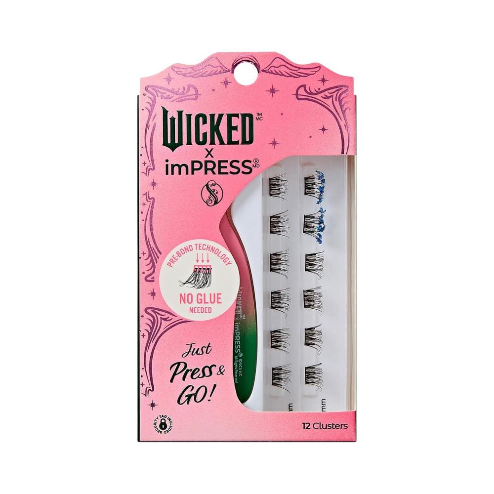imageWICKED X imPRESS Press On Self Adhesive Eyelashes Welcome to OZ 8mm10mm Natural Volume Press On Lashes Pink Glitter No Glue Needed 12 Lash Clusters ampamp NonStick Mini ApplicatorOzspresso