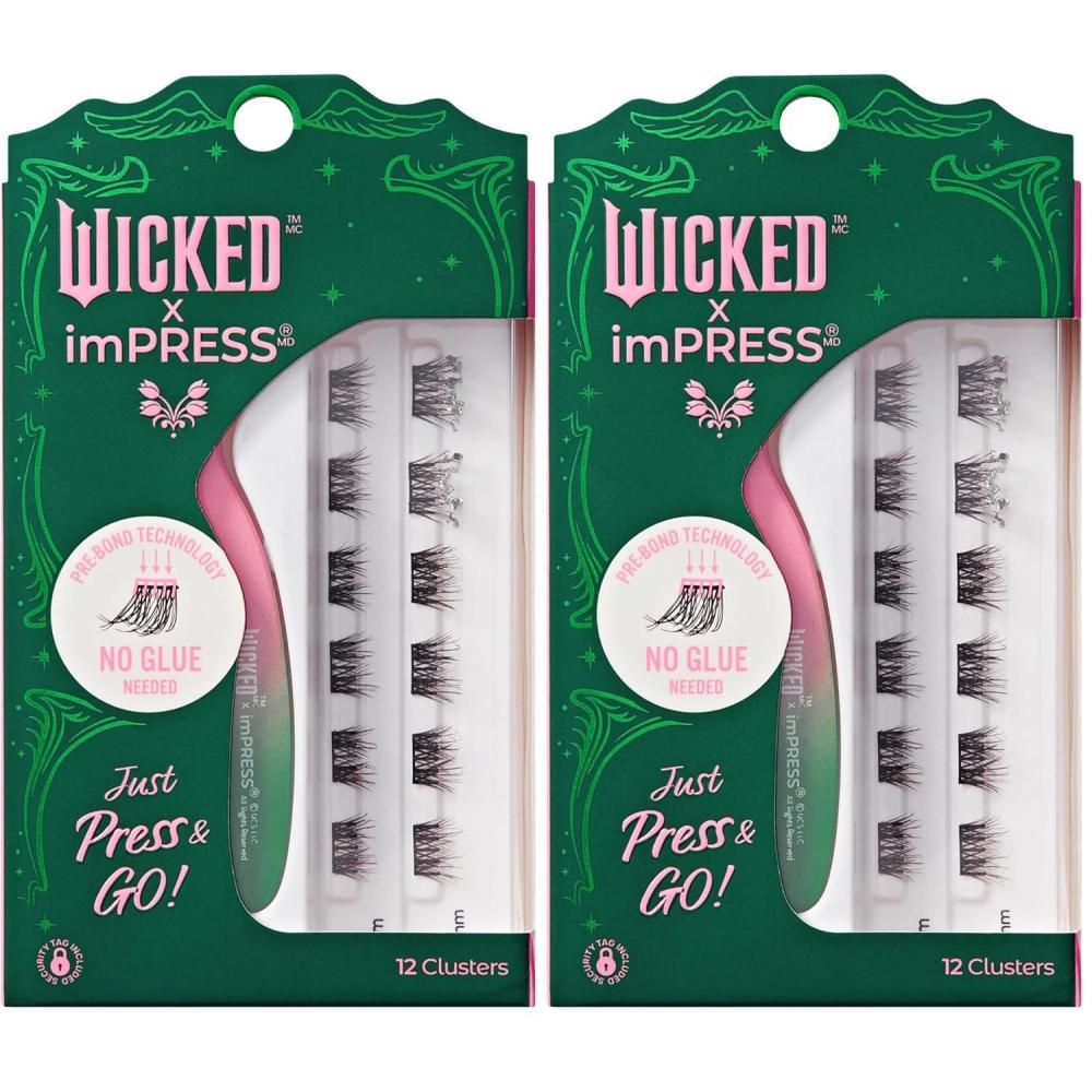 imageWICKED X imPRESS Press On Self Adhesive Eyelashes Wickedly Beautiful 12 Lash Clusters 8mm10mm Natural Volume Green Glitter Pink ampamp Green Mini Applicator8mm10mm Pack of 2