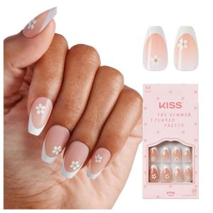 KISS | The Summer I Turned Pretty French Tip Press On Nails, ‘Sunlit Days’, Medium Coffin, Includes Pink Gel Nail Glue (2g), Mini Nail File, Cuticle Stick, & 28 Fake Nails(Sunlit Days)
