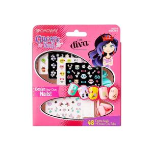 KISS Broadway Little Diva Nail Art Kit, Safe On Natural Nails, Mom Approved, Over 250 Nail Stickers, 48 Ready-To-Wear Petite Fake Nails & 48 Press-On Adhesive Tabs(Multi-colored)