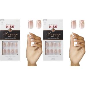 KISS Classy French Nail Manicure Kit with Gel Finish,Medium,Coffin Shaped,Includes Pink Nail Glue (Net Wt. 2 g / 0.07oz.),Mini Nail File,Manicure Stick, 28 Fake Nails,Cozy Meets Cute,28 Count(Stay Charmed)