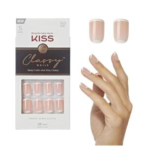 KISS Classy French Nail Manicure Kit with Gel Finish,Medium,Coffin Shaped,Includes Pink Nail Glue (Net Wt. 2 g / 0.07oz.),Mini Nail File,Manicure Stick, 28 Fake Nails,Cozy Meets Cute,28 Count(Simple Enough)