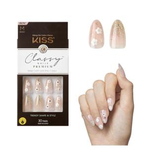 KISS Classy, Press On Nails, Nail glue included, ‘Highlights’, French, Medium Size, Almond Shape, Includes 30 Nails, 2g glue, 1 Manicure Stick, 1 Mini File(Gleamin)