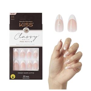 KISS Classy, Press On Nails, Nail glue included, ‘Highlights’, French, Medium Size, Almond Shape, Includes 30 Nails, 2g glue, 1 Manicure Stick, 1 Mini File(Highlights)