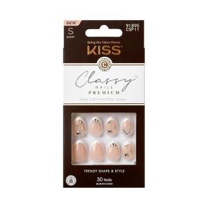 KISS Classy, Press On Nails, Nail glue included, ‘Highlights’, French, Medium Size, Almond Shape, Includes 30 Nails, 2g glue, 1 Manicure Stick, 1 Mini File(Prevailing)