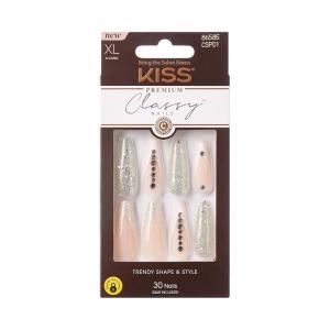 KISS Classy, Press On Nails, Nail glue included, ‘Highlights’, French, Medium Size, Almond Shape, Includes 30 Nails, 2g glue, 1 Manicure Stick, 1 Mini File(Sophisticated)