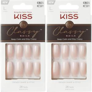 KISS Classy, Press On Nails, Nail glue included, ‘Players’, White, Short Size, Oval Shape, Includes 28 Nails, 2g glue, 1 Manicure Stick, 1 Mini File(Long (Pack of 2))