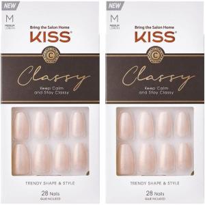 KISS Classy, Press On Nails, Nail glue included, ‘Players’, White, Short Size, Oval Shape, Includes 28 Nails, 2g glue, 1 Manicure Stick, 1 Mini File(Medium (Pack of 2))