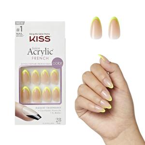 KISS Salon Acrylic, Press On Nails, Nail glue included, ‘Squared’, Light Pink, Medium Size, Coffin Shape, Includes 28 Nails, 2G Glue, 1 Manicure Stick, 1 Mini File(Neon Yellow)