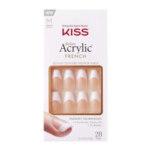 KISS Salon Acrylic Press On Nails, Nail glue included, ‘Sugar Rush’, French, Medium Size, Square Shape, Includes 28 Nails, 2g Glue, 1 Manicure Stick, 1 Mini File(Je T’aime)