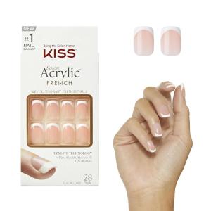 KISS Salon Acrylic Press On Nails, Nail glue included, ‘Sugar Rush’, French, Medium Size, Square Shape, Includes 28 Nails, 2g Glue, 1 Manicure Stick, 1 Mini File(Bounjour)