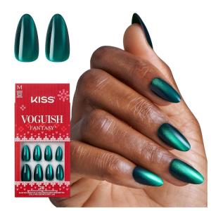 KISS Voguish Fantasy Holiday Press On Nails, ‘Merry Magic’, Navy, Medium Oval, No Damage To Natural Nails, Pink Gel Nail Glue (2g), Mini Nail File, Manicure Stick, & 28 Fake Nails(Holiday Gala)