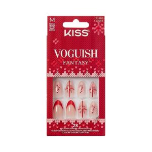 KISS Voguish Fantasy Holiday Press On Nails, ‘Merry Magic’, Navy, Medium Oval, No Damage To Natural Nails, Pink Gel Nail Glue (2g), Mini Nail File, Manicure Stick, & 28 Fake Nails(Warm n Cozy)