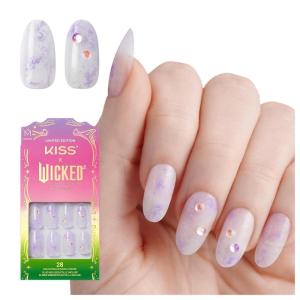 KISS X WICKED: FOR GOOD Press On Nails, ‘Glow With Glinda’, Purple, Short Oval, Waterproof, Chip Proof, Smudge Proof, 28 Fake Nails, Pink Gel Nail Glue (2g), Mini Nail File, & Manicure Stick(Bubble Of Brilliance)