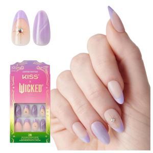 KISS X WICKED: FOR GOOD Press On Nails, ‘Glow With Glinda’, Purple, Short Oval, Waterproof, Chip Proof, Smudge Proof, 28 Fake Nails, Pink Gel Nail Glue (2g), Mini Nail File, & Manicure Stick(Find Your Courage)