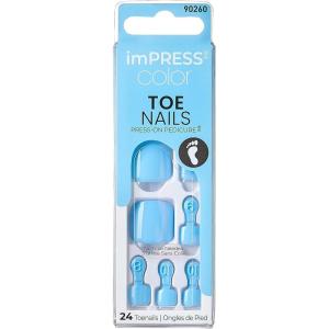 KISS imPRESS Color No Glue Pedi Press-On Toenails, Light Bule, Squoval Shape, Includes 24 Nails, Prep Pad, 1 Manicure Stick, 1 Mini File