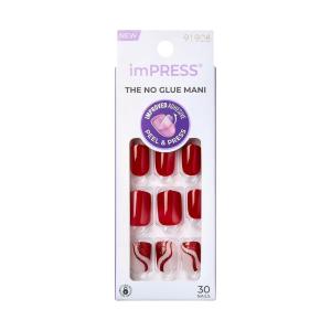 KISS imPRESS Design Press On Nails, ‘Endlessly’, Red, Short Squoval, PureFit Technology, Chip Proof, Smudge Proof, Waterproof, Nail File, Manicure Stick & 30 Fake Nails