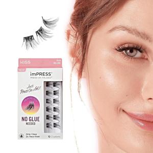 KISS imPRESS Falsies Press On Self Adhesive Eyelashes, 10mm-12mm Glam Volume Press On Lashes, Black, No Glue Needed, Invisible Band, 12 Lash Clusters – Refined(1 pair (Pack of 1))