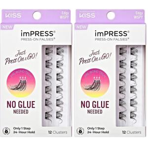 KISS imPRESS Falsies Press On Self Adhesive Eyelashes, 12mm-14mm Natural Volume Press On Lashes, Black, No Glue Needed, Invisible Band, 12 Lash Clusters – Chic(Pack of 2)