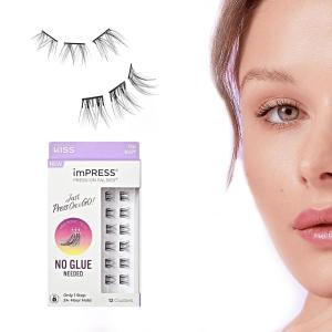 KISS imPRESS Falsies Press On Self Adhesive Eyelashes, 12mm-14mm Natural Volume Press On Lashes, Black, No Glue Needed, Invisible Band, 12 Lash Clusters – Chic(12 Piece Assortment)