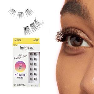 KISS imPRESS Falsies Press On Self Adhesive Eyelashes, 12mm-14mm Natural Volume Press On Lashes, Black, No Glue Needed, Invisible Band, 12 Lash Clusters – Sleek(Sleek Natural)