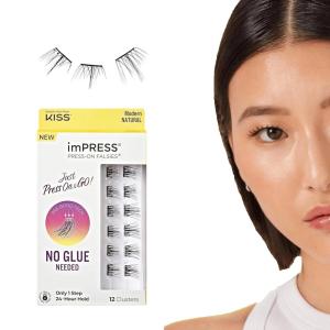 KISS imPRESS Falsies Press On Self Adhesive Eyelashes, 12mm-14mm Natural Volume Press On Lashes, Black, No Glue Needed, Invisible Band, 12 Lash Clusters – Sleek(Modern Natural)