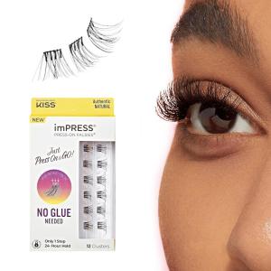 KISS imPRESS Falsies Press On Self Adhesive Eyelashes, 12mm-14mm Natural Volume Press On Lashes, Black, No Glue Needed, Invisible Band, 12 Lash Clusters – Sleek(Authentic Natural)