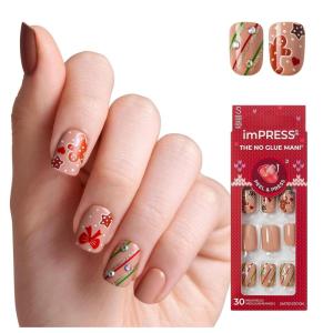 KISS imPRESS Holiday Press On Nails, ‘Be Merry’, Pink, Short Oval, 3D Effect, Improved Super Hold Adhesive, 30 Fake Nails, Prep Pad, Mini Nail File, & Manicure Stick(Mistletoe Kiss)