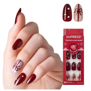 KISS imPRESS Holiday Press On Nails, ‘Be Merry’, Pink, Short Oval, 3D Effect, Improved Super Hold Adhesive, 30 Fake Nails, Prep Pad, Mini Nail File, & Manicure Stick(Wrap Me Up)