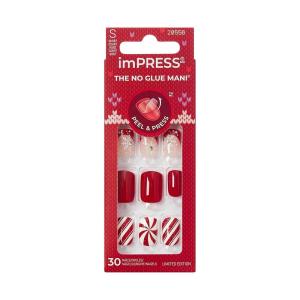 KISS imPRESS Holiday Press On Nails, ‘Be Merry’, Pink, Short Oval, 3D Effect, Improved Super Hold Adhesive, 30 Fake Nails, Prep Pad, Mini Nail File, & Manicure Stick(Santa Baby)