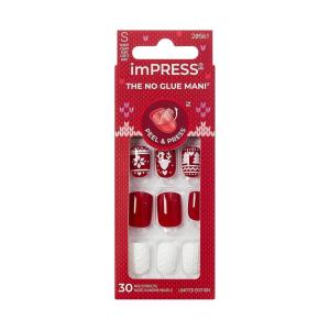 KISS imPRESS Holiday Press On Nails, ‘Be Merry’, Pink, Short Oval, 3D Effect, Improved Super Hold Adhesive, 30 Fake Nails, Prep Pad, Mini Nail File, & Manicure Stick(Feelin’ Festive)