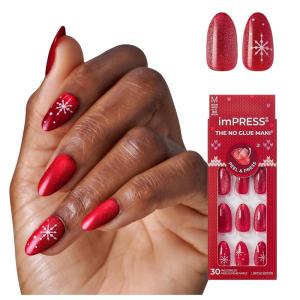 KISS imPRESS Holiday Press On Nails, ‘Be Merry’, Pink, Short Oval, 3D Effect, Improved Super Hold Adhesive, 30 Fake Nails, Prep Pad, Mini Nail File, & Manicure Stick(The Cute List)