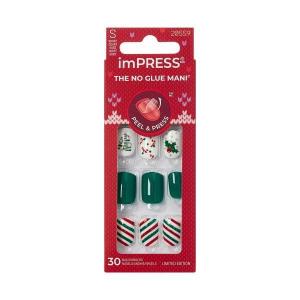 KISS imPRESS Holiday Press On Nails, ‘Sugarplum’, Green, Short Squoval, Improved Super Hold Adhesive, 30 Fake Nails, Prep Pad, Mini Nail File, & Manicure Stick