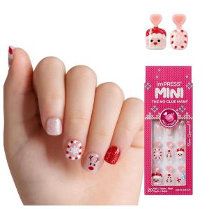KISS imPRESS Mini Holiday Press On Nails for Kids, ‘Cozy’, Red, Child Size, Squoval Shaped, Mess-Free, Mom Approved, Non-Toxic, Breakaway Application Tabs, Nail File, 20 Fake Nails(Snow Angel)