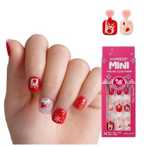 KISS imPRESS Mini Holiday Press On Nails for Kids, ‘Cozy’, Red, Child Size, Squoval Shaped, Mess-Free, Mom Approved, Non-Toxic, Breakaway Application Tabs, Nail File, 20 Fake Nails(Cozy)