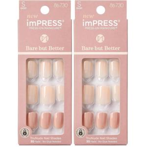KISS imPRESS No Glue Mani Press On Nails, , ‘Simple Pleasure’, Nude, Short Size, Squoval Shape, Includes 30 Nails, Prep Pad, Instructions Sheet, 1 Manicure Stick, 1 Mini File(30 Count (Pack of 2))
