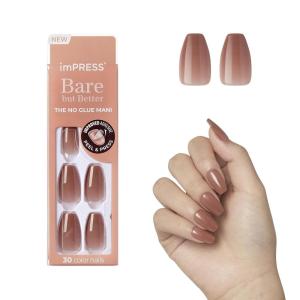 KISS imPRESS No Glue Mani Press On Nails, Bare but Better, ‘Flare’, Medium Neutral, Medium Size, Coffin Shape, Includes 30 Nails, Prep Pad, Instructions Sheet, 1 Manicure Stick, 1 Mini File(33 Count (Pack of 1))