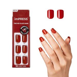 KISS imPRESS No Glue Mani Press On Nails, Color, ‘Point Pink’, Pink, Short Size, Squoval Shape, Includes 30 Nails, Prep Pad, Instructions Sheet, 1 Manicure Stick, 1 Mini File(Red)