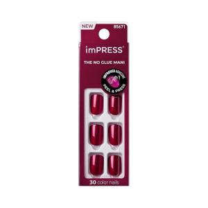 KISS imPRESS No Glue Mani Press On Nails, Color, ‘Red Velvet’, Red, Short Size, Squoval Shape, Includes 30 Nails, Prep Pad, Instructions Sheet, 1 Manicure Stick, 1 Mini File