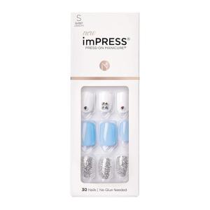 KISS imPRESS No Glue Mani Press On Nails, Design, ‘Eternity’, Medium Blue, Short Size, Squoval Shape, Includes 30 Nails, Prep Pad, Instructions Sheet, 1 Manicure Stick, 1 Mini File(White  Blue  Silver)