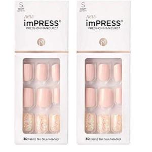 KISS imPRESS No Glue Mani Press On Nails, Design, ‘Eternity’, Medium Blue, Short Size, Squoval Shape, Includes 30 Nails, Prep Pad, Instructions Sheet, 1 Manicure Stick, 1 Mini File(Pink and silver)